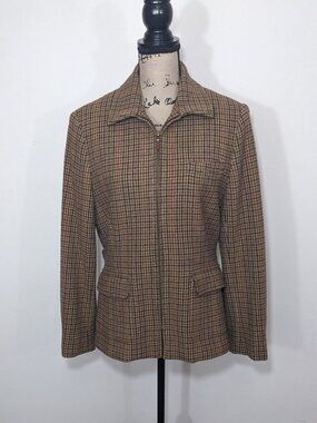 LAUREN RALPH LAUREN Women's Check Full Zip Wool Jacket Size 10 Horse Buttons